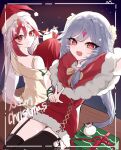  2girls alternate_costume bare_shoulders black_thighhighs box brown_ribbon christmas closed_mouth eyeliner fang fu_hua fu_hua_(fenghuang_of_vicissitude) fu_hua_(herrscher_of_sentience) gift gift_box grey_hair hair_between_eyes hair_ornament hat highres honkai_(series) honkai_impact_3rd jewelry jingwei_(bird) long_hair long_sleeves low-tied_long_hair low_twintails makeup merry_christmas multicolored_hair multiple_girls night on_head open_mouth red_eyeliner red_eyes red_hair red_rope red_scales ribbon rope santa_costume santa_hat scales shirt smile snow streaked_hair symbol-shaped_pupils thighhighs thighs tttokhonkai twintails two-tone_hair very_long_hair white_hair yellow_pupils yellow_shirt 