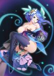  1girl absurdres aqua_eyes aromalylith_-_rosemary bar_censor black_gloves blue_hair breasts censored duel_monster floating full_body gloves hair_ornament high_heels highres large_breasts long_hair nipple_piercing object_insertion partially_undressed piercing skirt skirt_around_one_leg solo thighhighs vaginal vaginal_object_insertion whatwine yu-gi-oh! 
