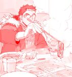  1boy bara chopsticks coat cup eating food glasses male_focus meat monochrome motoori_shiro red_theme short_hair sitting sketch solo steam thick_eyebrows tokyo_afterschool_summoners tyou upper_body winter_clothes 