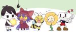  1girl 1other 3boys alternate_size animal_ears animal_hat bee black_hair blue_hair blue_scarf brown_footwear brown_tunic bug bug_fables cat_ears cat_hat closed_eyes cuphead cuphead_(game) flowey_(undertale) gloves hat ko_ginoki_wi multiple_boys niko_(oneshot) object_head omori oneshot_(game) open_mouth pants red_pants scarf slit_pupils sunny_(omori) tunic undertale vi_(bug_fables) white_gloves white_pants yellow_petals 