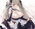  anthropomorphism azur_lane blush bow breasts cleavage cropped dress formidable_(azur_lane) goth-loli gray_hair ikomochi lolita_fashion long_hair red_eyes skirt_lift twintails white 