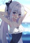  1girl absurdres armpits bare_arms bare_shoulders black_one-piece_swimsuit blue_archive blue_halo blush breasts cleavage cpk_prd frilled_one-piece_swimsuit frills grey_hair halo highres long_hair looking_at_viewer miyako_(blue_archive) miyako_(swimsuit)_(blue_archive) official_alternate_costume one-piece_swimsuit open_mouth ponytail purple_eyes solo swimsuit upper_body 