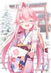  1girl absurdres ahoge blue_archive blush closed_eyes facing_viewer hair_between_eyes halo highres hitomi13 hoshino_(blue_archive) japanese_clothes kimono long_hair long_sleeves obi omikuji open_mouth pink_hair pink_halo sash smile solo torii white_kimono wide_sleeves 