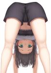  1girl absurdres all_fours ass bare_legs black_shorts black_sports_bra blue_eyes blush brown_hair cameltoe character_name closed_mouth commentary_request cropped_shirt eyelashes feet_out_of_frame from_behind gradient_eyes green_eyes highres hololive hololive_dance_practice_uniform kneepits legs looking_at_viewer medium_hair midriff multicolored_eyes navel official_alternate_costume oozora_subaru shirt short_shorts shorts simple_background solo sports_bra starkamisan thighs view_between_legs virtual_youtuber white_background white_shirt 
