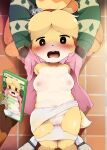 animal_crossing anthro areola biped blush bodily_fluids breasts canid canine canis clothing dagasi domestic_dog female fur genitals group hi_res isabelle_(animal_crossing) lying male mammal nintendo nipples on_back pussy tears yellow_body yellow_fur