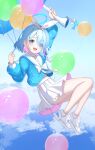  1girl absurdres arm_up arona_(blue_archive) balloon blue_archive blue_eyes blue_hair blue_shirt blue_sky braid choker cloud colored_inner_hair commentary_request floating full_body hair_over_one_eye hair_ribbon highres holding holding_balloon holding_umbrella kenomotsu_yukuwa long_sleeves looking_at_viewer midriff_peek multicolored_hair open_mouth pink_hair pleated_skirt ribbon sailor_collar school_uniform serafuku shirt shoes short_hair side_braid skirt sky smile sneakers solo umbrella white_choker white_footwear white_ribbon white_sailor_collar white_skirt 