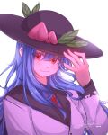  1girl alternate_costume black_headwear blue_hair closed_mouth commission dated evermythic highres hinanawi_tenshi leaf long_hair long_sleeves looking_at_viewer peach_hat_ornament red_eyes signature smile solo touhou upper_body 