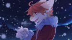 ambiguous_gender anthro blurred_background cheek_tuft clothed clothing dragon duo ears_back facial_tuft fangs feral fur furred_dragon hair hi_res holding_another kutto kuttoyaki male neck_tuft open_mouth orange_eyes orange_hair outside pivoted_ears red_clothing red_topwear short_hair sleeping teeth topwear tuft white_body white_fur yellow_body yellow_fur