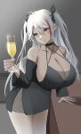  1girl absurdres alcohol alternate_costume azur_lane bare_shoulders breasts champagne champagne_flute cup drinking_glass hair_between_eyes hair_ornament highres j_yak47 large_breasts long_hair looking_at_viewer multicolored_hair orange_eyes prinz_eugen_(azur_lane) red_hair smile solo streaked_hair white_hair 