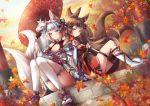  2girls akagi_(azur_lane) animal_ears anthropomorphism autumn azur_lane blush brown_hair foxgirl gloves green_eyes japanese_clothes kaga_(azur_lane) leaves long_hair mask multiple_tails red_eyes short_hair ssosso tail thighhighs umbrella white_hair 