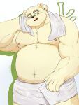 2023 anthro bear belly big_belly blush eyewear glasses harumuname hi_res kemono leib_(tas) lifewonders male mammal moobs navel nipples overweight overweight_male polar_bear simple_background smoking solo tokyo_afterschool_summoners towel towel_around_neck ursine white_body