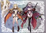  2girls adapted_costume bare_shoulders black_gloves blazing_cartesia_the_virtuous blonde_hair boots breasts chaya_mago cleavage detached_sleeves dragon_wings duel_monster ecclesia_(yu-gi-oh!) facial_mark fake_horns forehead_mark full_body gauntlets gloves goggles goggles_around_neck grey_hair hair_down hammer holding holding_hammer holding_sword holding_weapon horns incredible_ecclesia_the_virtuous large_breasts long_hair looking_at_viewer low_wings multiple_girls pale_skin pointy_ears purple_eyes red_eyes shoes skull slingshot_swimsuit socks standing stomach swimsuit sword thigh_boots thighhighs veil weapon wings yu-gi-oh! 