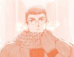  1boy adjusting_scarf alternate_costume bara breath broad_shoulders glasses highres looking_at_viewer male_focus monochrome motoori_shiro orange_theme portrait scarf short_hair solo straight-on thick_eyebrows tokyo_afterschool_summoners tyou winter 