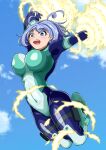  1girl :o blue_eyes blue_hair blue_sky blush bodysuit boku_no_hero_academia breasts commentary_request day energy floating hadou_nejire highres large_breasts midair skin_tight sky solo yms 