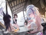  4girls absurdres animal_ear_fluff animal_ears azur_lane bird black_hair blunt_bangs breasts brown_hair bucket chick closed_eyes copyright_name cup flower food fox_ears grey_hair hair_between_eyes hair_flower hair_ornament hair_over_one_eye highres large_breasts long_hair looking_at_viewer manjuu_(azur_lane) medium_breasts mikasa_(azur_lane) multicolored_hair multiple_girls musashi_(azur_lane) nagato_(azur_lane) nail_polish official_art onsen parted_lips partially_submerged purple_eyes sakazuki sitting snow soaking_feet steam streaked_hair thighs tree unzen_(azur_lane) upper_body water wet white_flower wooden_bucket yarn_(yarn_03) yellow_eyes 