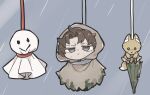  1boy animal_ear_fluff blue_background brown_hair chibi commentary_request drifting_fox e.g.o_(project_moon) fox hanging heathcliff_(project_moon) highres kojocho05 limbus_company project_moon purple_eyes rain raincoat scar scar_on_face short_hair simple_background string teruterubouzu umbrella 