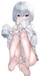  1girl absurdres barefoot collared_shirt covered_mouth dress_shirt feet gauze grey_hair hair_between_eyes hands_up highres legs long_sleeves looking_at_viewer naked_shirt neku_(neku_draw) off_shoulder open_clothes open_shirt original puffy_long_sleeves puffy_sleeves purple_eyes shirt short_hair simple_background sleeves_past_fingers sleeves_past_wrists soles solo white_background white_shirt 