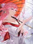  1girl alternate_costume animal_ears bare_shoulders breasts cleavage commentary_request floral_print fox_ears genshin_impact grin holding holding_umbrella janome_yuiwa japanese_clothes kimono long_hair oil-paper_umbrella parted_lips pink_hair purple_eyes red_umbrella smile solo umbrella upper_body very_long_hair white_kimono yae_miko 