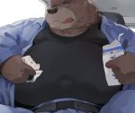 2023 anthro bear belly big_belly bottomwear brown_body brown_fur clothing food fur iwbsb_kuma kemono male mammal overweight overweight_male pants shirt solo tongue tongue_out topwear