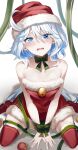  1girl absurdres bare_shoulders blue_eyes blue_hair choker christmas collarbone commentary_request furina_(genshin_impact) genshin_impact green_choker green_ribbon hair_between_eyes hat heterochromia highres kimae long_hair looking_at_viewer multicolored_hair open_mouth red_headwear red_thighhighs ribbon ribbon_choker santa_hat simple_background sitting solo tears thighhighs two-tone_hair white_background white_hair 
