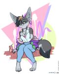 anthro bepis beverage_can black_hair blue_bottomwear blue_clothing blue_pants bottomwear breasts brick_wall brown_nose canid canine cheek_tuft cleavage clothed clothing colored digital_media_(artwork) dipstick_tail ear_piercing ear_ring facial_tuft female fennec flat_colors fox foxboy83 full-length_portrait fur graffiti green_eyes grey_body grey_fur hair hi_res inner_ear_fluff jacket jewelry mammal markings multicolored_body multicolored_fur necklace pants piercing pink_clothing pink_shirt pink_topwear portrait purple_clothing purple_jacket purple_topwear ring_piercing shirt short_hair sitting solo tail tail_markings tan_hair topwear tuft two_tone_body two_tone_fur wall_(structure) white_clothing white_jacket white_topwear