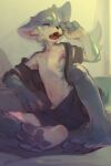 anthro black_nose blue_body blue_fur bodily_fluids bottomwear carbonizedaki clothed clothing eyes_closed fangs front_view fur hi_res male navel open_clothing open_mouth open_topwear red_tongue shorts sitting solo tears teeth tongue topwear white_body white_fur yawn young young_anthro young_male