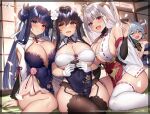  4girls ahoge asymmetrical_docking azuma_(azur_lane) azur_lane bare_shoulders black_hair black_thighhighs blue_eyes blue_hair blunt_bangs blush bottle breast_press breasts brown_eyes choko_(cup) closed_eyes copyright_name cup double_bun dress drunk floral_print flower foreshortening gloves grey_hair hair_between_eyes hair_bun hair_flower hair_on_horn hair_ornament hair_ribbon hakuryuu_(azur_lane) hakuryuu_(flash_of_silk_and_strings)_(azur_lane) heterochromia holding holding_cup horn_ornament horns hugging_object ibuki_(arrival_of_spring)_(azur_lane) ibuki_(azur_lane) indoors japanese_clothes large_breasts long_hair looking_at_viewer multiple_girls official_alternate_costume official_art on_floor open_mouth parted_lips pelvic_curtain petals pink_flower pink_rose red_eyes ribbon rose sake_bottle shimanto_(azur_lane) sideboob sitting sweat tassel tatami thighhighs thighs underboob white_flower white_gloves white_ribbon white_thighhighs xe_(execut3r) 