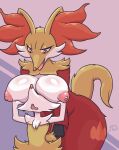 anthro areola big_breasts braixen breasts delphox duo female fur generation_6_pokemon hand_on_breast hi_res larger_female nineka nintendo nipples open_mouth open_smile pokemon pokemon_(species) red_body red_fur size_difference smile yellow_body yellow_fur