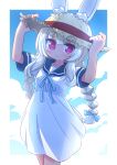  1girl animal_ear_fluff animal_ears arms_up blonde_hair blue_bow blue_ribbon blue_sailor_collar blue_sky bow braid breasts brown_headwear closed_mouth cloud collarbone cowboy_shot day dress ears_through_headwear hair_bow hands_on_headwear hat heart heart-shaped_pupils highres looking_at_viewer masurao_(sekaiju) masurao_2_(sekaiju) naga_u neck_ribbon pink_eyes rabbit_ears rabbit_girl revision ribbon sailor_collar sailor_dress sekaiju_no_meikyuu sekaiju_no_meikyuu_5 short_dress short_sleeves sky small_breasts smile solo straw_hat symbol-shaped_pupils thick_eyebrows twin_braids white_dress 