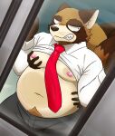 0hou2ryu 2023 absurd_res anthro belly big_belly bottomwear canid canine clothing duo groping_from_behind hi_res humanoid_hands kemono male mammal moob_grab moobs necktie nipples overweight overweight_male pants raccoon_dog shirt solo_focus tanuki topwear