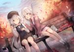  2girls anthropomorphism autumn azur_lane blue_eyes building clouds denver_(azur_lane) dress food gray_hair hat long_hair montpelier_(azur_lane) nishina_kakeri purple_eyes shoujo_ai sky twintails wink 