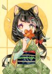  1girl absurdres animal_ear_fluff animal_ears arm_at_side black_hair bow bright_pupils cat_ears commentary_request covered_mouth covering_mouth flower-shaped_pupils green_eyes green_kimono hair_bow hair_ornament hairclip hand_up heterochromia highres holding holding_leaf japanese_clothes kimono leaf long_hair long_sleeves looking_at_viewer lupin_strawberry maple_leaf obi obiage obijime original painting_(medium) red_bow red_eyes sash solo standing straight-on symbol-shaped_pupils traditional_media upper_body watercolor_(medium) white_pupils 