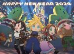  2024 4boys 4girls aerith_gainsborough arm_tattoo barret_wallace cloud_strife cropped_jacket dark-skinned_male dark_skin dress final_fantasy final_fantasy_vii final_fantasy_vii_remake fumio_minagawa happy_new_year jacket marlene_wallace multiple_boys multiple_girls night official_art pink_dress pointing red_jacket red_xiii sabotender sephiroth skirt smile spiked_hair sunglasses suspenders tattoo teeth thighhighs tifa_lockhart upper_teeth_only yuffie_kisaragi 
