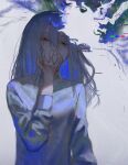  1girl abstract absurdres blue_hair breasts collared_shirt colored_inner_hair expressionless glitch hand_on_own_face highres kyano_(kyanora3141) medium_hair multicolored_hair original red_eyes shirt single_tear small_breasts solo upper_body white_shirt 