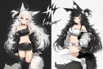  2girls animal_ears bicolored_eyes black_hair breasts choker cleavage foxgirl long_hair original shorts silver_(chenwen) tail thighhighs white_hair 