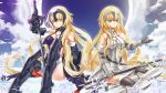  armor blonde_hair blue_eyes cherry_blossoms clouds cross_akiha fate/grand_order fate_(series) flowers jeanne_d&#039;arc_(fate) jeanne_d&#039;arc_alter long_hair sky sword thighhighs weapon yellow_eyes 