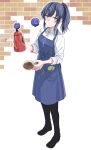 1girl apron black_footwear black_pants blue_apron blue_hair blush brick coffee commentary_request cup full_body grey_eyes highres holding holding_coffee_pot holding_cup kyouno long_sleeves looking_at_viewer nijisanji pants ponto_nei ponytail shirt sidelocks simple_background sleeves_rolled_up smile solo standing white_background white_shirt 