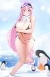  1girl absurdres bare_shoulders bird blue_archive blush bonfire breasts chinese_commentary cleavage commentary_request covering_breasts covering_privates dun_ji eimi_(blue_archive) eimi_(swimsuit)_(blue_archive) goggles goggles_on_head halo highres huge_breasts long_hair looking_down navel penguin pink_eyes pink_hair pink_halo scarf ski_goggles standing stomach thighs white_scarf 