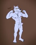 absurd_res anthro armpit_hair body_hair canid canine canis dog_tags flexing foreskin fur genitals hi_res louis_(mckodimus) male mammal mckodimus penis scar solo white_body white_fur wolf yellow_eyes