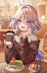  1girl absurdres ahoge artist_name blue_eyes blue_hair blush cake cake_slice carpet chair cup dasha food fork furina_(genshin_impact) genshin_impact hair_between_eyes heterochromia highres holding holding_cup indoors lamp light_blue_hair long_hair looking_at_viewer lower_teeth_only multicolored_hair open_mouth plate sidelocks sitting smile solo spoon streaked_hair teeth two-tone_hair upper_body 