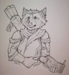 2019 5_fingers anthro armor canid_kaiba clothing fingers fur gloves guardians_of_the_galaxy gun half-length_portrait handwear holding_gun holding_object holding_weapon line_art male mammal marvel portrait prick_ears procyonid raccoon ranged_weapon rocket_raccoon shoulder_guards sign sketch snout solo traditional_media_(artwork) weapon