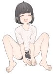  1girl 1ssakawaguchi ^_^ absurdres barefoot black_hair black_shorts blunt_bangs breast_pocket closed_eyes commentary_request drawstring facing_viewer feet full_body highres ichika_(1ssakawaguchi) knees_up legs m_legs open_mouth original paid_reward_available pocket shirt short_hair short_shorts short_sleeves shorts simple_background smile soles solo teeth toes upper_teeth_only white_background white_shirt 