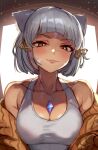  1girl alternate_breast_size animal_ear_fluff animal_ears blunt_bangs blush breasts cat_ears cat_girl chest_jewel cleavage core_crystal_(xenoblade) facial_mark grey_hair highres looking_at_viewer medium_breasts nia_(xenoblade) r123 short_hair smile smug solo xenoblade_chronicles_(series) xenoblade_chronicles_2 yellow_eyes 