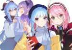  4girls :d ahoge beret black_bow blue_eyes blue_hair blue_headwear bow brooch charlotte_(genshin_impact) commentary_request cup disposable_cup ganyu_(genshin_impact) genshin_impact hair_bow hairband hat highres holding holding_cup horns jacket jewelry kamisato_ayaka keqing_(genshin_impact) long_hair looking_at_viewer multiple_girls off_shoulder open_mouth pink_hair purple_eyes purple_scarf scarf shotgunman smile upper_body very_long_hair yellow_jacket 