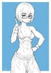  1girl abs absurdres bikini bikini_top_only blue_background blush breasts closed_mouth cowboy_shot greyscale_with_colored_background hair_between_eyes highres medium_breasts muscular muscular_female navel original rectangular_eyewear short_hair smile solo speedl00ver swimsuit 