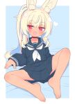  1girl :d animal_ear_fluff animal_ears barefoot bed_sheet blonde_hair blue_background blue_hair blue_sailor_collar blue_serafuku blue_shirt blue_skirt blush border breasts choker collarbone dark-skinned_female dark_skin fang feet full_body half-closed_eyes heart heart-shaped_pupils highres long_hair long_sleeves looking_at_viewer masurao_(sekaiju) masurao_2_(sekaiju) miniskirt multicolored_hair naga_u neckerchief open_mouth outside_border pink_eyes pleated_skirt ponytail puffy_long_sleeves puffy_sleeves rabbit_ears rabbit_girl red_choker revision sailor_collar sailor_shirt school_uniform sekaiju_no_meikyuu sekaiju_no_meikyuu_5 serafuku shirt sitting skirt sleeves_past_wrists small_breasts smile solo spread_legs symbol-shaped_pupils thick_eyebrows toenails toes two-tone_hair white_border white_neckerchief 