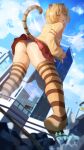  1boy absurdres animal_ear_fluff animal_ears ass blonde_hair blurry blurry_foreground brown_hair building cardigan cloud commission fang fumi_hk_(vtuber) giant giantess highres indie_virtual_youtuber kkix25 miniskirt multicolored_hair panties red_skirt rubble short_hair skeb_commission skirt sky skyscraper sleeves_past_wrists sparkle streaked_hair striped striped_thighhighs tail thighhighs tiger_boy tiger_ears tiger_tail tongue tongue_out two-tone_thighhighs underwear virtual_youtuber white_panties yellow_cardigan yellow_eyes yellow_thighhighs 