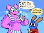 animal_crossing anthro blonde_hair blue_body blue_fur bodily_fluids brush bulge clothing doc_(animal_crossing) duo fur hair lagomorph leporid male mammal murid murine muscular muscular_male nintendo nipples pecs pokonuki purple_body purple_fur rabbit rat rod_(animal_crossing) rodent sweat sweatdrop text towel underwear