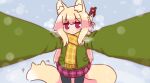  1girl animal_ear_fluff animal_ears black_pantyhose blonde_hair blue_background blush breath brown_scarf closed_mouth commentary_request fox_ears fox_girl fox_tail fringe_trim green_jacket hair_between_eyes hair_bun hair_ornament hair_stick highres jacket kemomimi-chan_(naga_u) long_arms looking_at_viewer meme motion_lines naga_u original outstretched_arms pantyhose plaid plaid_scarf plaid_skirt pleated_skirt pov_cheek_warming_(meme) purple_eyes purple_skirt reaching reaching_towards_viewer red_eyes scarf sidelocks skirt snowing solo tail 