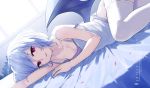  bed red_eyes remilia_scarlet short_hair snozaki stockings touhou vampire watermark white_hair wings 